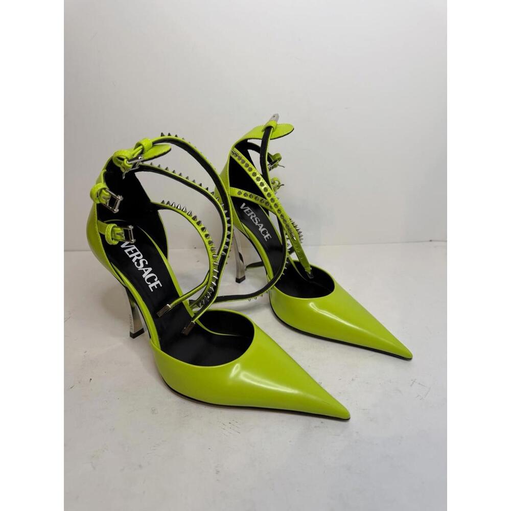 Versace Neon Green Studded Ankle Strap Heels Pumps EU 35 US 5 New